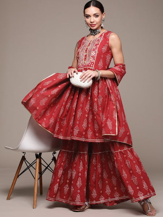 Anubhutee Women Rust Red Printed Sequinned Pure Cotton Kurta with Sharara & With Dupatta