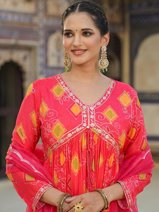 Scakhi Bandhani Printed Gathered Silk Maxi Ethnic Dresses