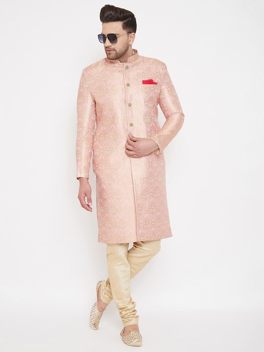 Vastramay Men Pink & Gold-Coloured Slim Fit Brocade Woven Design Sherwani Set