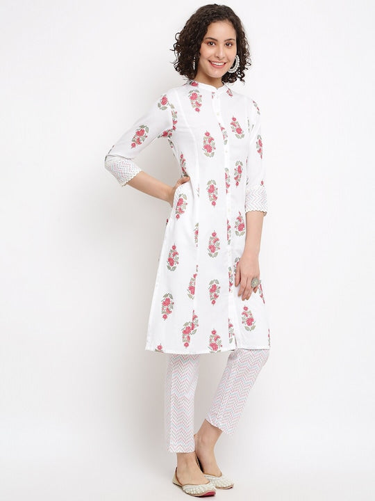 IMARA Floral Printed Mandarin Collar Lace Inserts Pure Cotton Kurta with Trousers