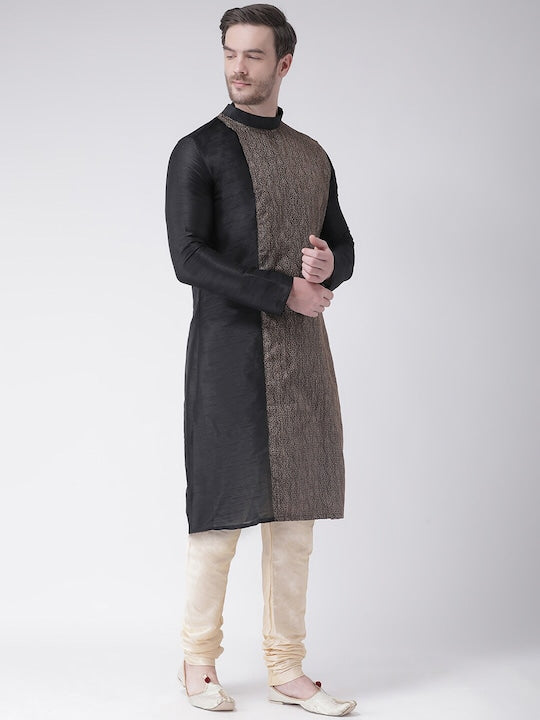 Deyann Men Black & Beige Ethnic Motifs Thread Work Jacquard Kurta