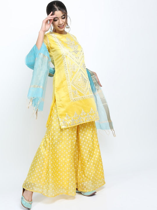 Vishudh Women Yellow Ethnic Motifs Printed Kurti with Palazzos & With Dupatta