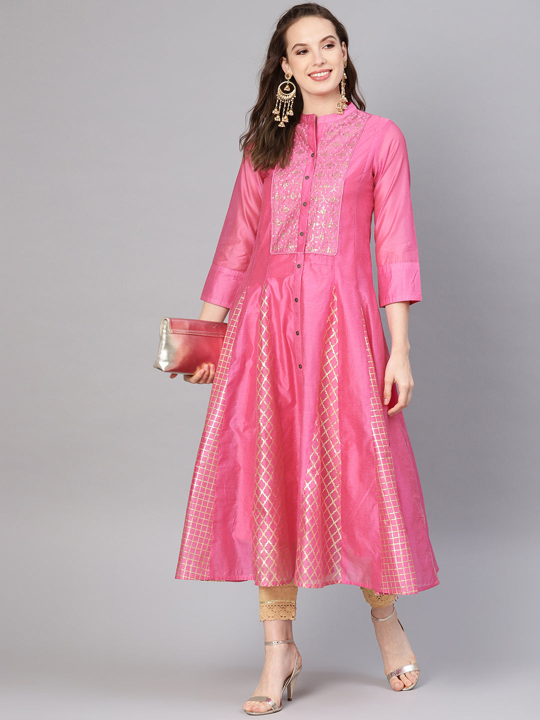 Juniper Women Pink & Golden Foil Printed Layered Anarkali Kurta