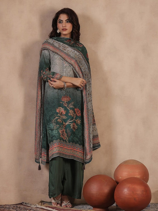 Scakhi Floral Printed Regular Mirror Work Kurta with Palazzos & With Dupatta