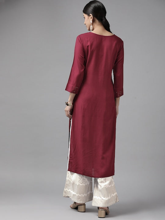 Yufta Women Maroon Floral Embroidered Sequinned Kurta with Palazzos