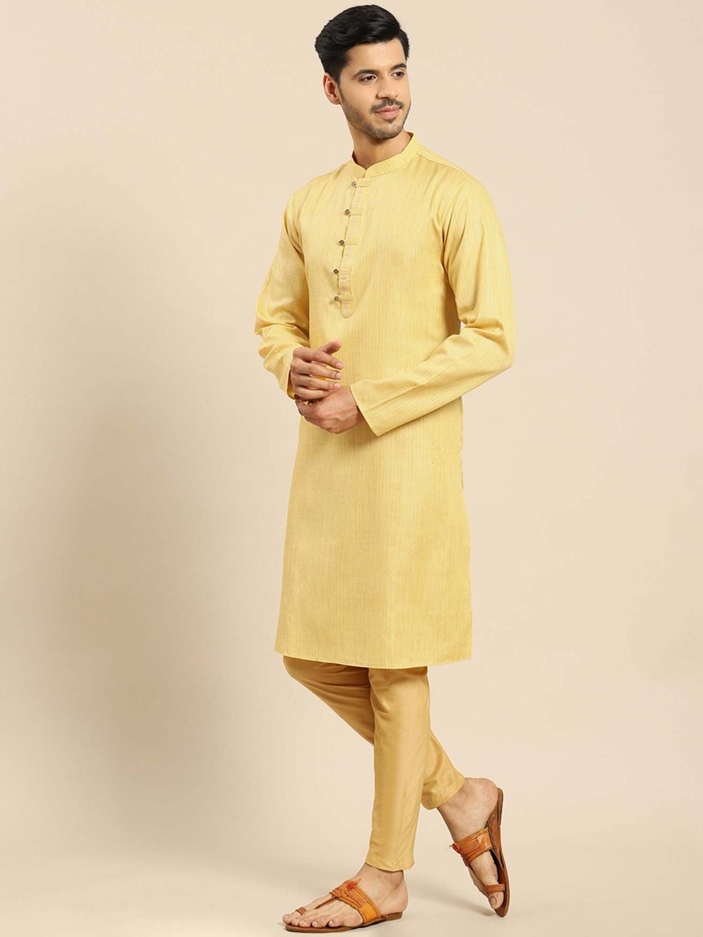 Amodh by Kisah Men Yellow Kurta (Set of 2)