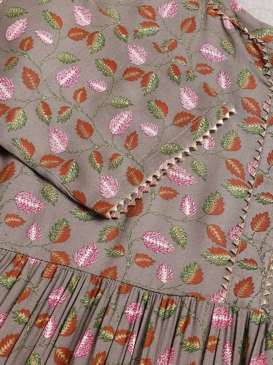 Fabclub Floral Printed Pleated Gotta Patti Kurta with Trousers