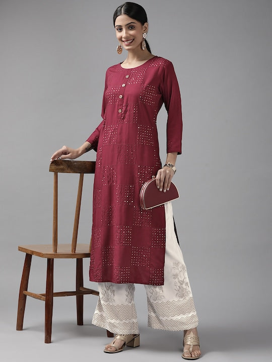 Yufta Women Maroon Floral Embroidered Sequinned Kurta with Palazzos