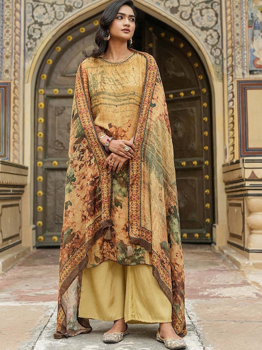 SCAKHI Floral Printed Beads Flared Sleeves A-Line Kurta With Trousers & Dupatta