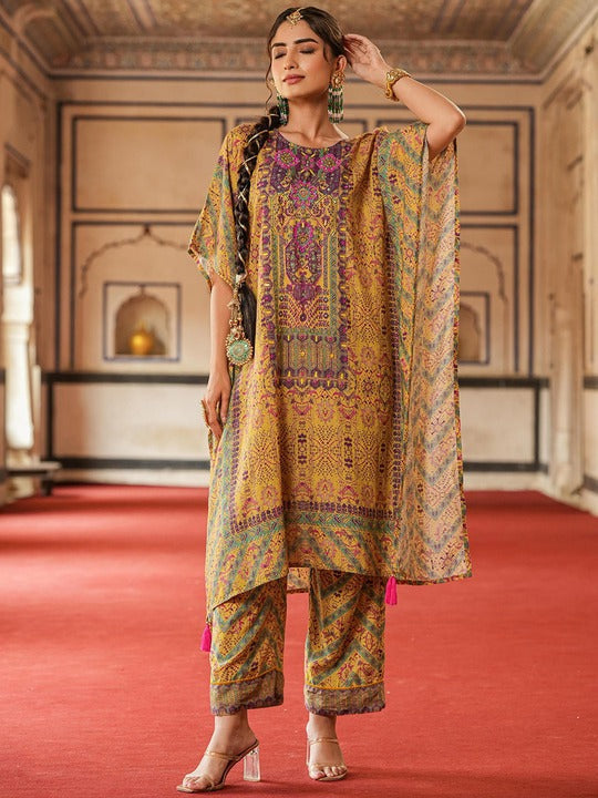 SCAKHI Ethnic Motifs Printed Beads & Stones Kaftan Kurta With Palazzos