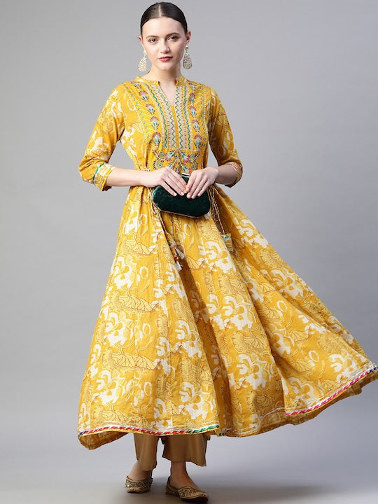 Readiprint Fashions Women Mustard Yellow & White Floral Printed Floral Anarkali Kurta