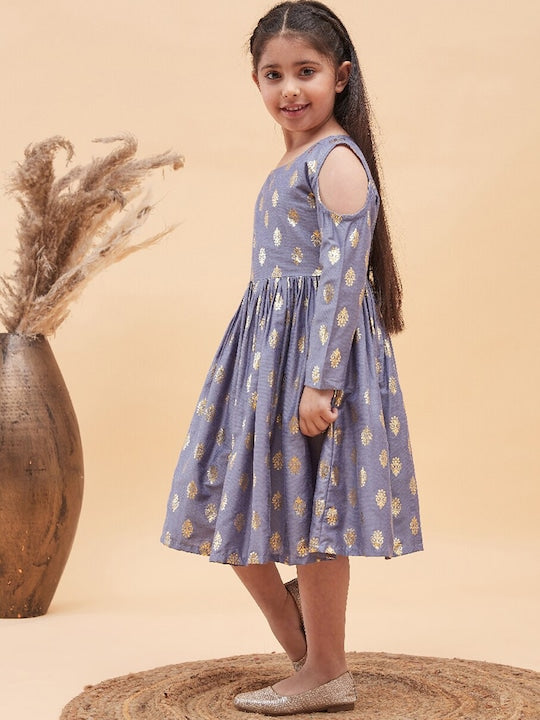 Vastramay Girls Foil Printed Cold-Shoulder Fit and Flare Ethnic Dress