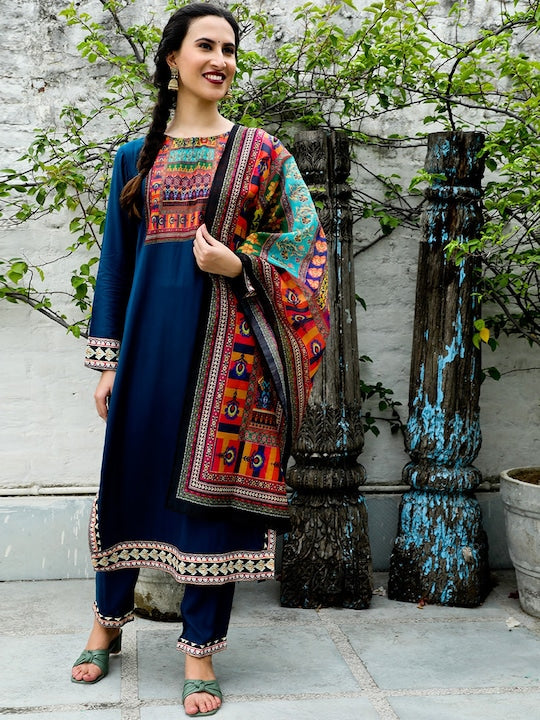 AKS Couture Ethnic Motifs Printed Straight Kurta with Trousers & Dupatta