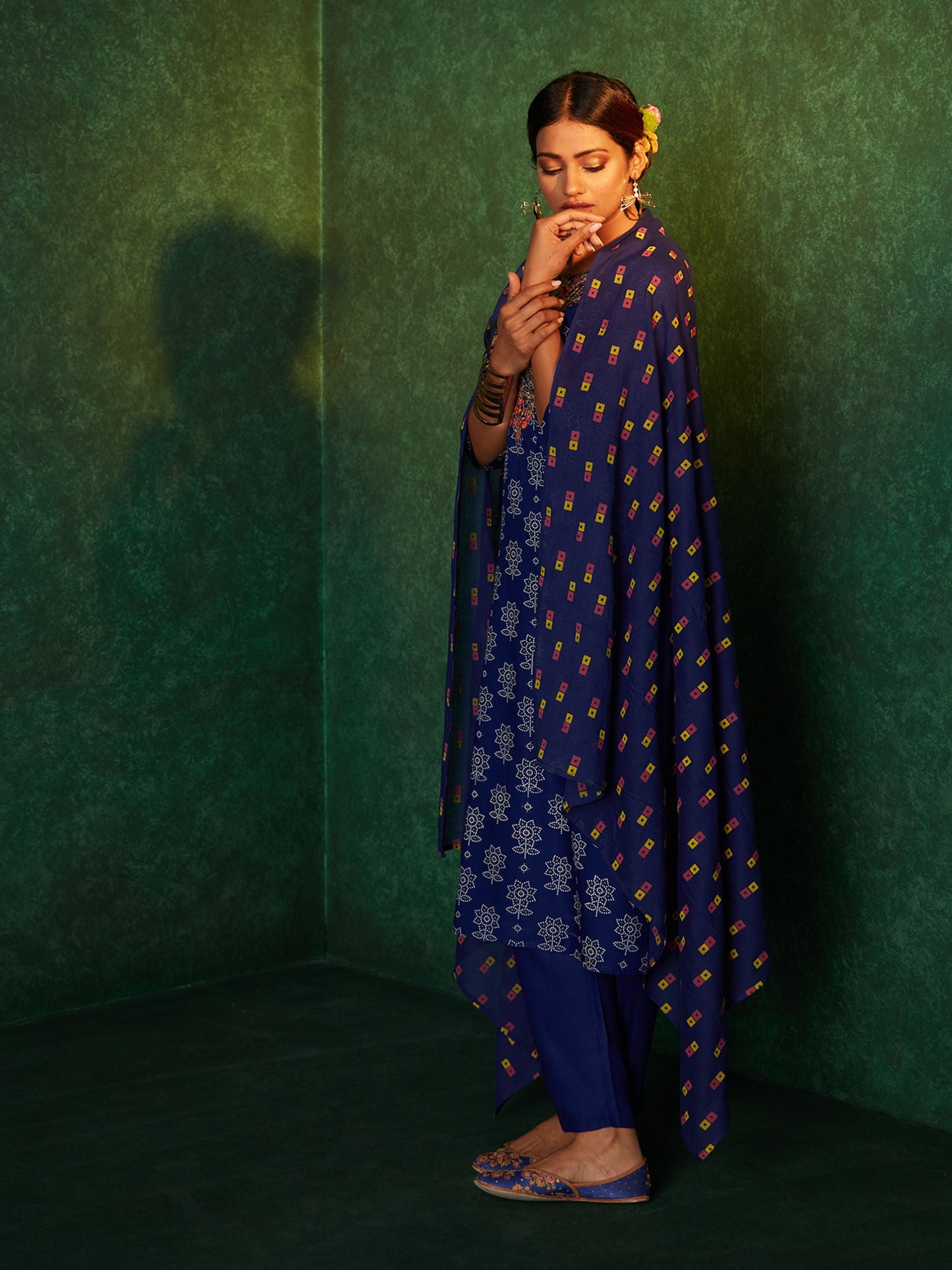 Likha Blue Printed Zari Sequins Work Kurta, Pant & Dupatta LIKSKD167 (Set of 3) - S