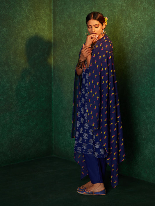 Likha Blue Printed Zari Sequins Work Kurta, Pant & Dupatta LIKSKD167 (Set of 3) - S