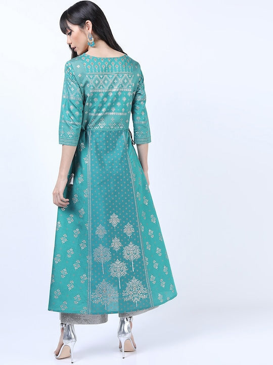 Vishudh Women Teal Ethnic Motifs Printed Anarkali Kurta