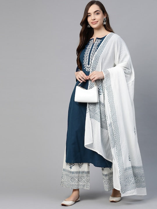 Yufta Women Navy Blue & White Yoke Design Thread Work Cotton Kurta with Palazzos & Dupatta