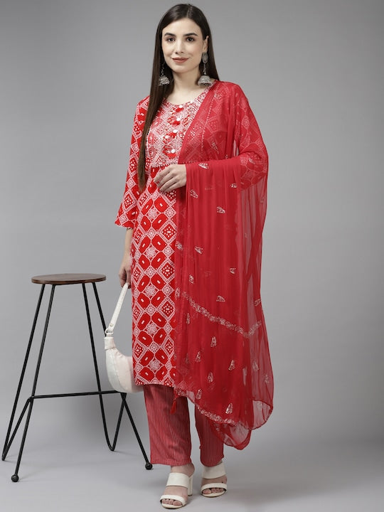 Yufta Women Red Bandhani Embroidered Sequinned Kurta with Trousers & With Dupatta