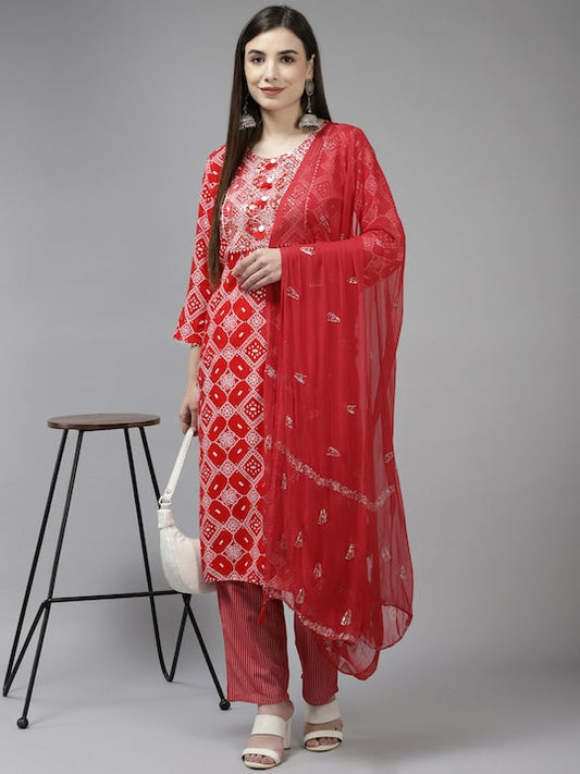 Yufta Women Red Bandhani Embroidered Sequinned Kurta with Trousers & With Dupatta