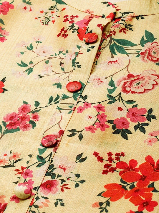 All about you Women Mustard Yellow & Red Floral Print Chanderi Silk Blend Straight Kurta