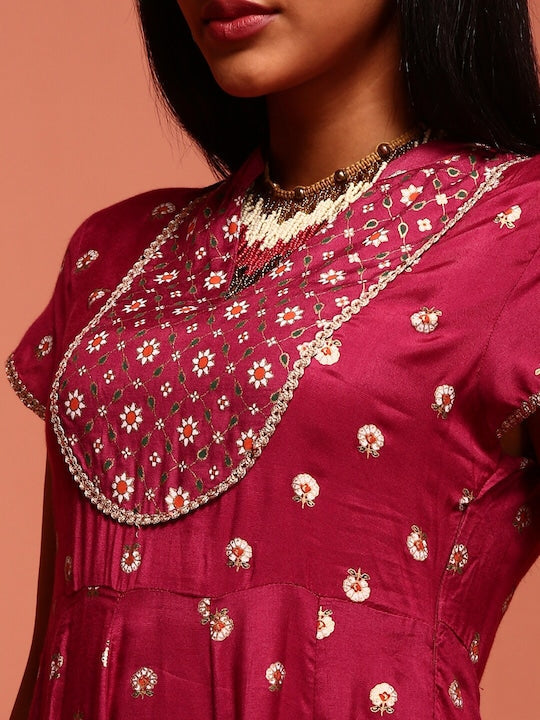 IMARA Ethnic Motifs Printed A-Line Ethnic Dress With Dupatta