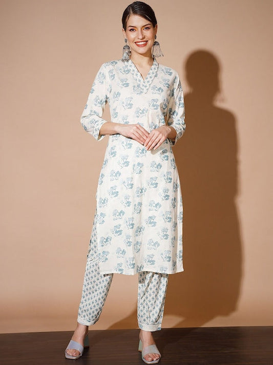 Myshka Floral Printed Gotta Patti Pure Cotton Kurta with Trousers