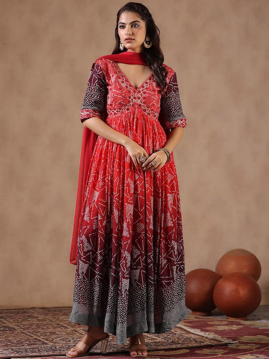 Scakhi Bandhani Printed V-Neck Mirror Work Kurta with Trousers & Dupatta