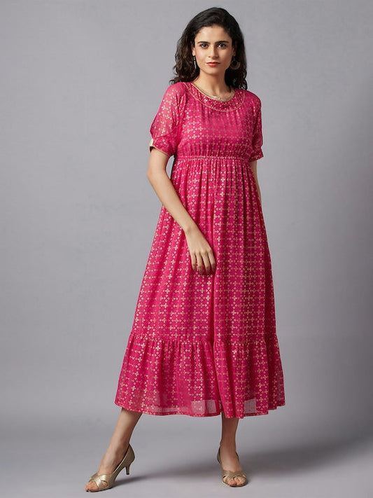 Aurelia Fuchsia & Gold-Toned Ethnic Motifs Ethnic Midi Dress