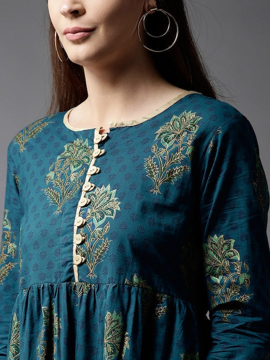 Here&now Women Teal & Green Printed A-Line Kurta