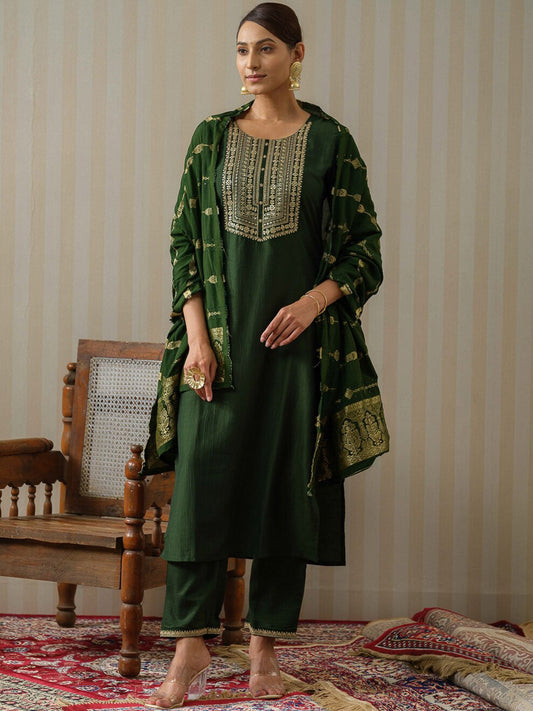 House of Pataudi Green Ethnic Motifs Straight Kurta & Trousers With Dupatta