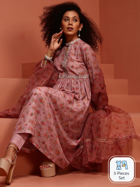 IMARA Floral Printed Empire Keyhole Neck Anarkali Kurta & Trousers With Dupatta