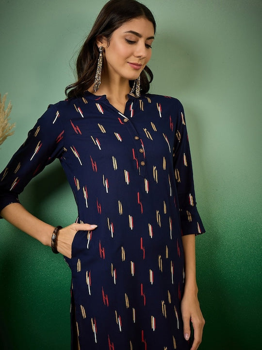 Sangria Abstract Printed Mandarin Collar Cotton Straight Kurta