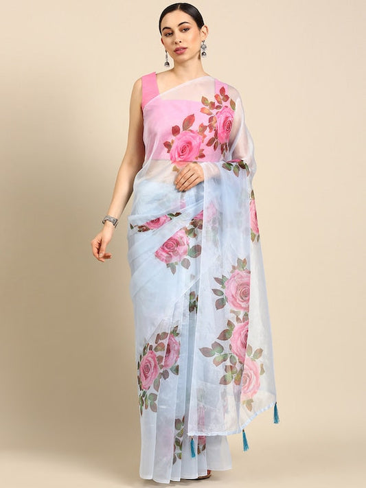 All about you Blue Floral Organza Saree