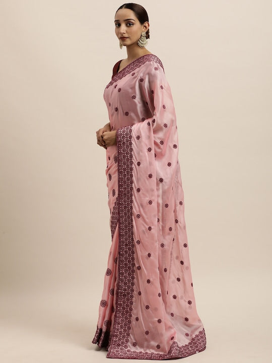Kasee Pink & Burgundy Floral Embroidered Art Silk Saree