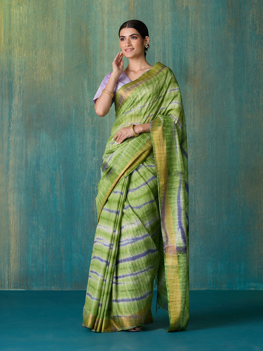 Likha Green Shibori Tie-Dye Zari Striper Saree with Unstitched Blouse