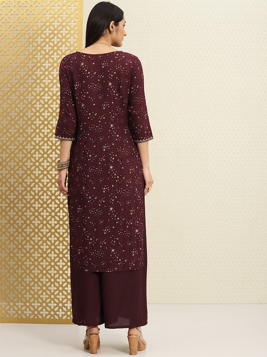 House of Pataudi Women Burgundy Printed Kurta with Trousers