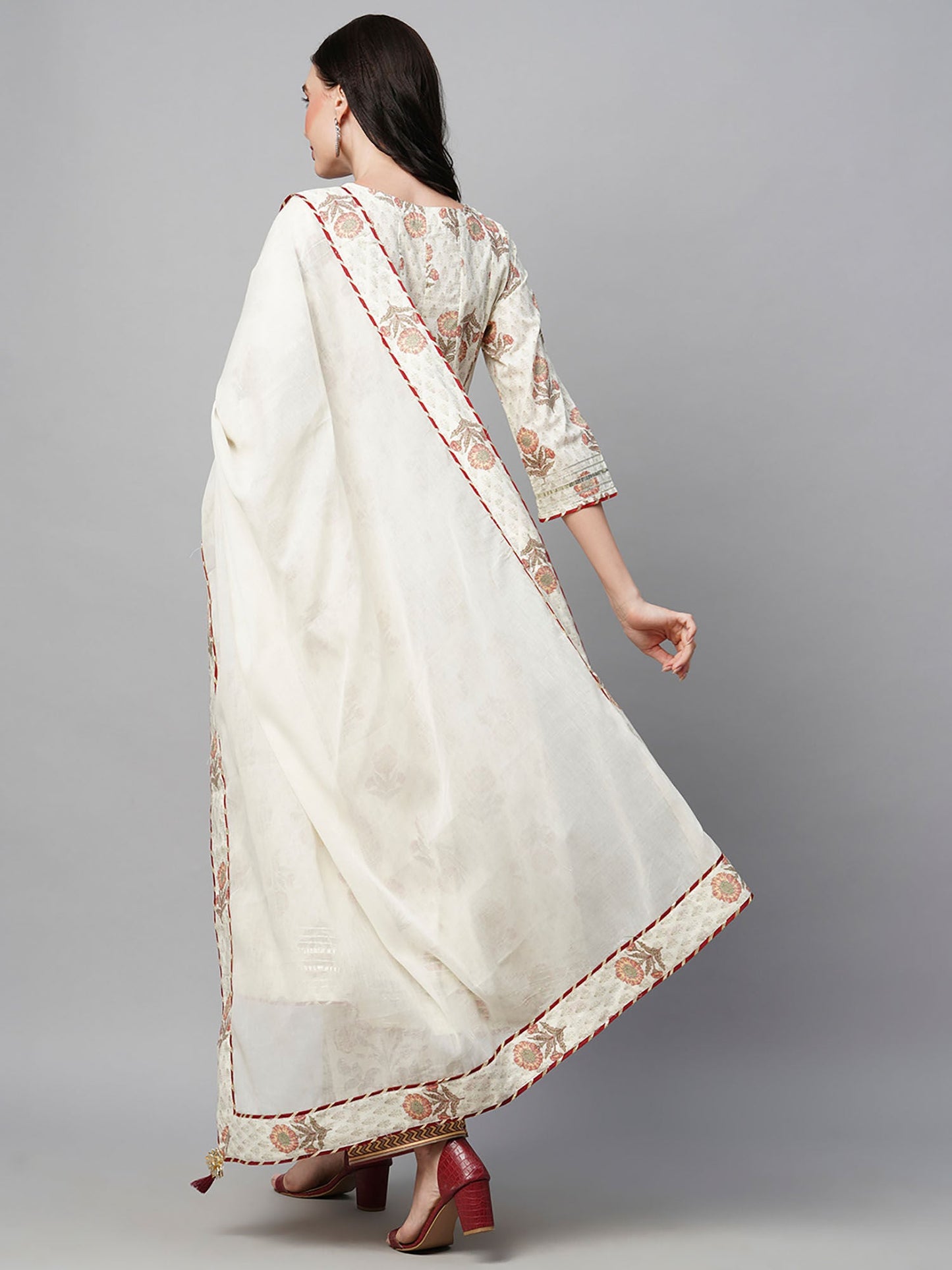 Heeposh Off White Printed Pure Cotton Anarkali Kurta with Mulmul Dupatta (Set of 3)