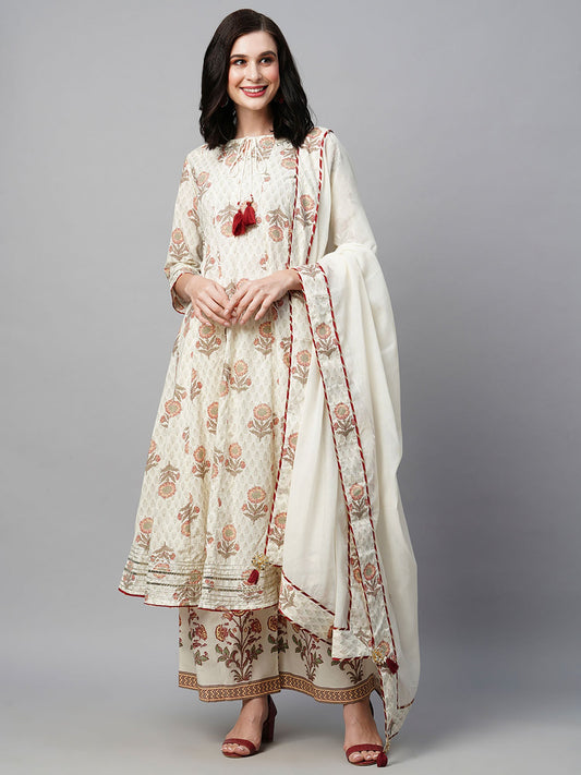 Heeposh Off White Printed Pure Cotton Anarkali Kurta with Mulmul Dupatta (Set of 3)