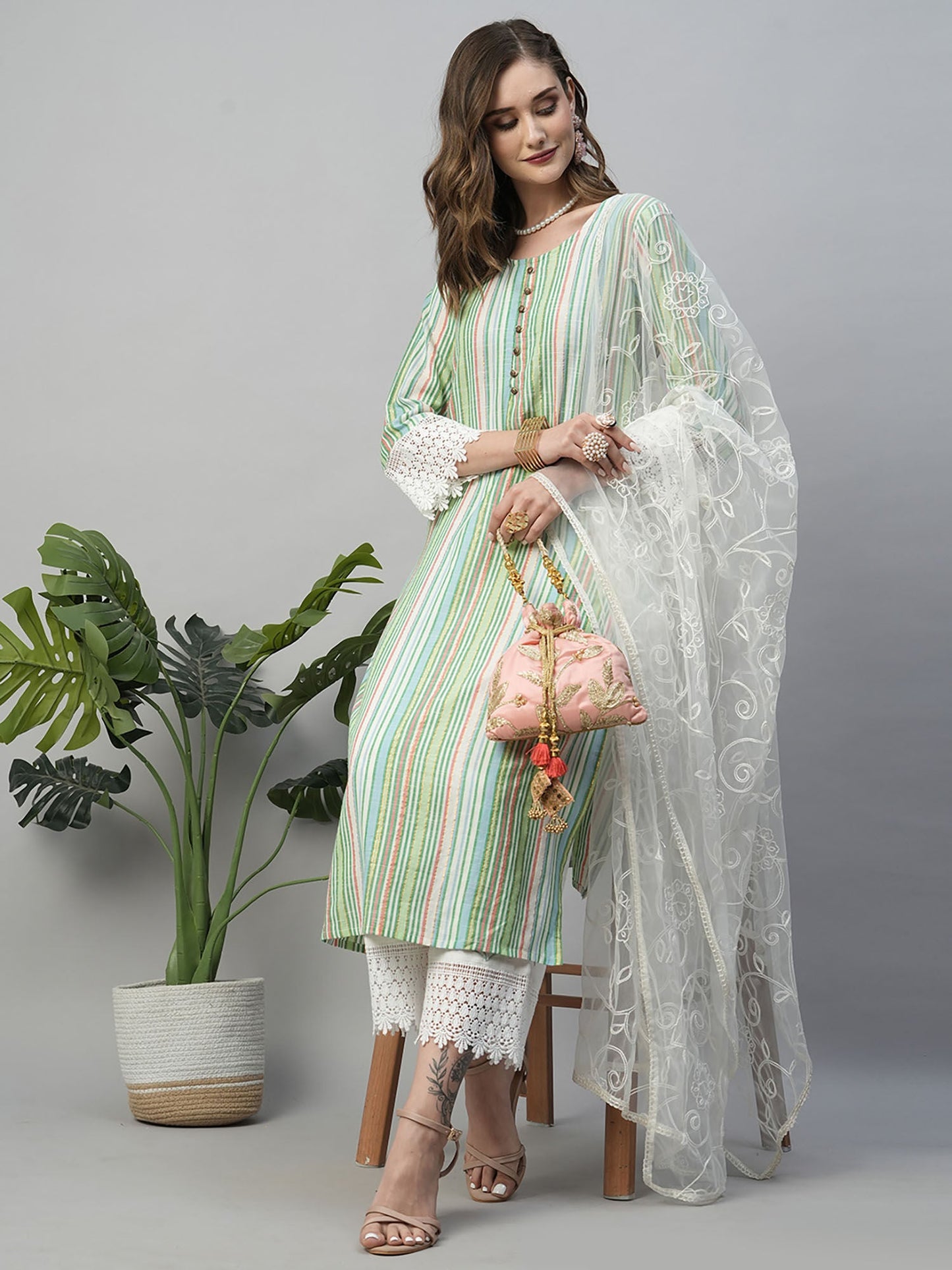 Heeposh Green Cotton Colourful Stripe Kurta with Embroidered Dupatta (Set of 3)