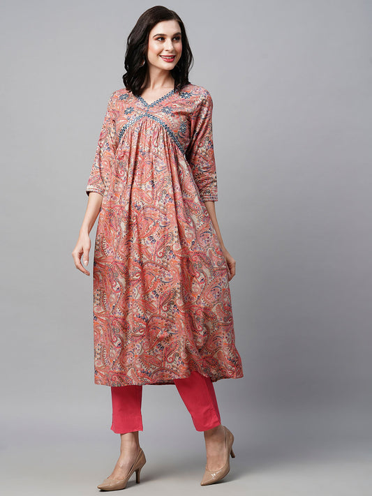 Heeposh Coral Embroidered Anarkali Silk Kurta with Printed Dupatta (Set of 3)