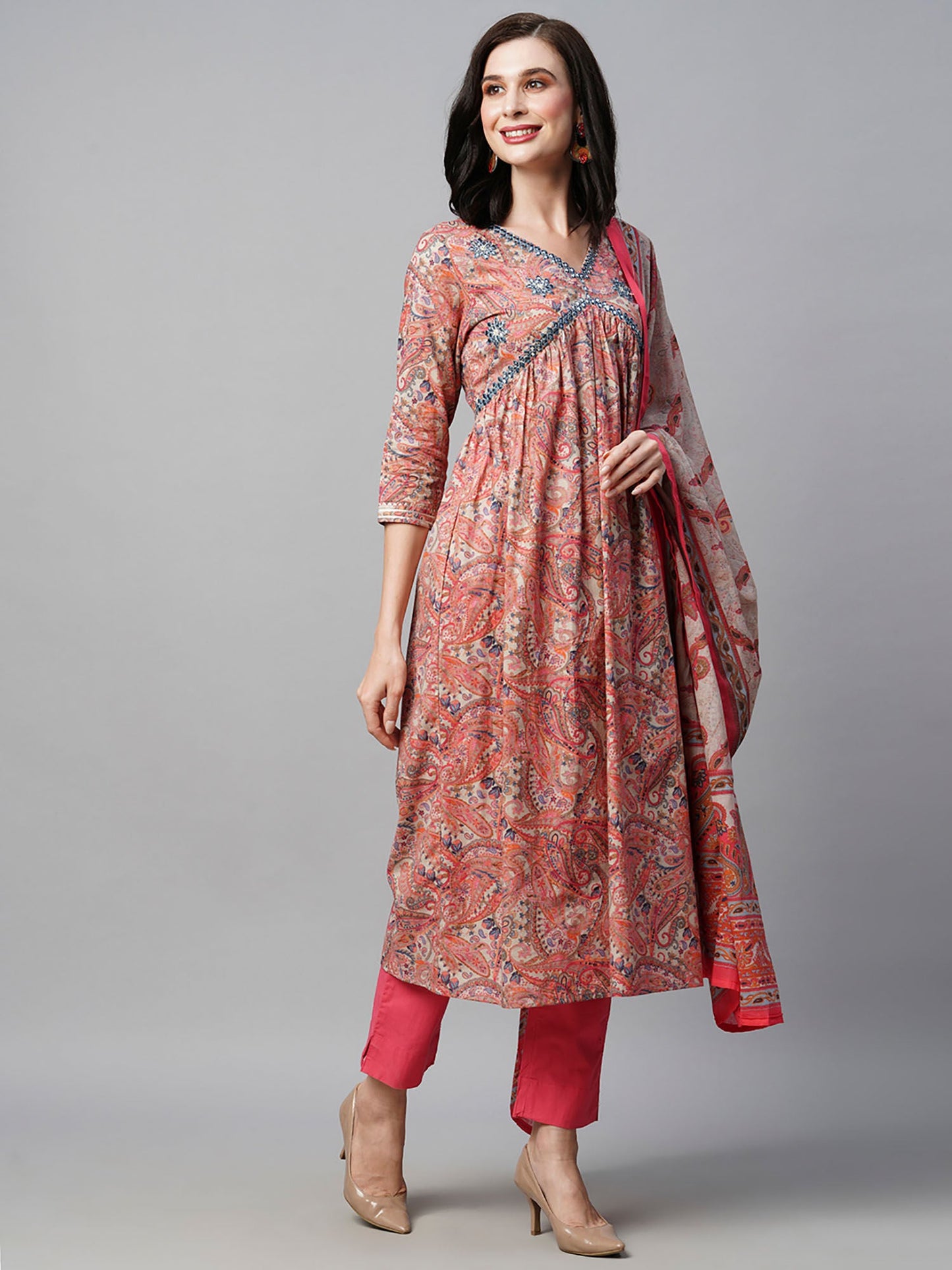 Heeposh Coral Embroidered Anarkali Silk Kurta with Printed Dupatta (Set of 3)