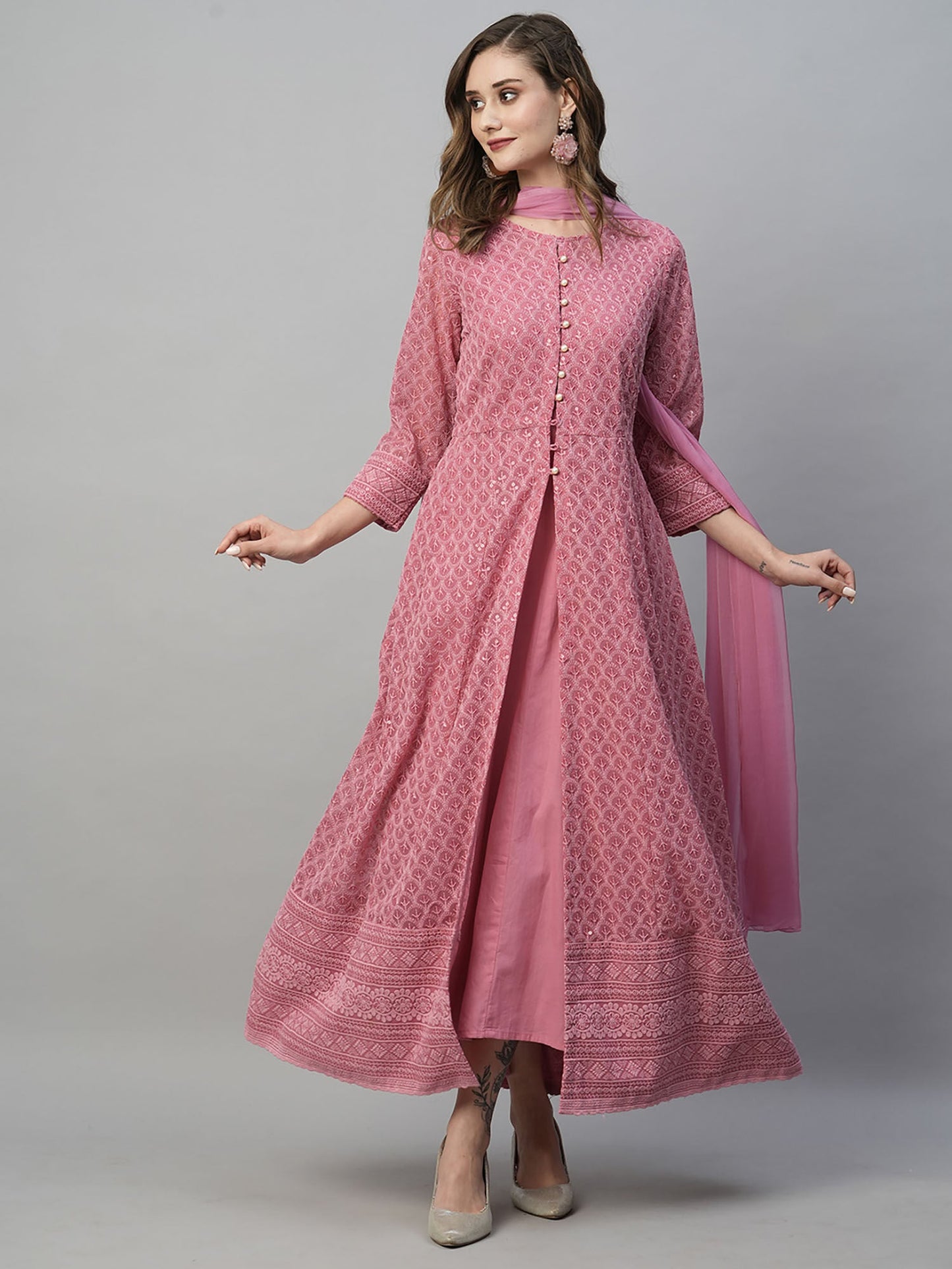 Heeposh Mauve Schiffli Embroidered Georgette Floor Length Dress with Dupatta (Set of 2) - XL