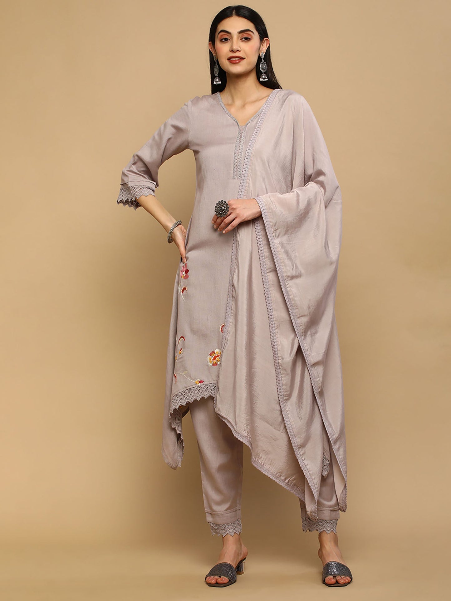 Heeposh Taupe Embroidered Rayon Kurta with Lace Work Detailing (Set of 3)
