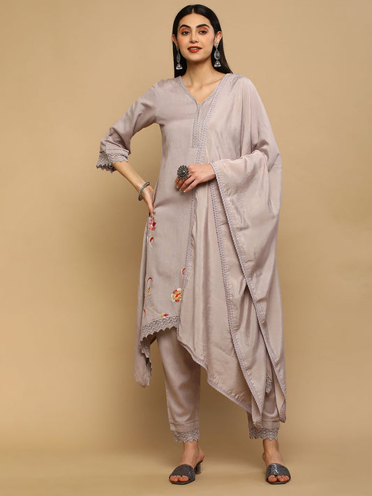 Heeposh Taupe Embroidered Rayon Kurta with Lace Work Detailing (Set of 3)