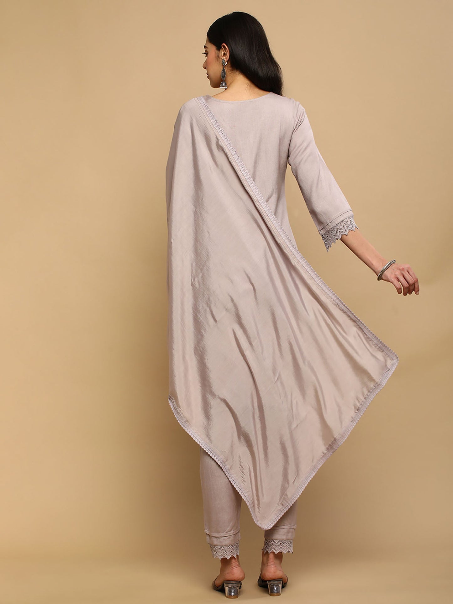 Heeposh Taupe Embroidered Rayon Kurta with Lace Work Detailing (Set of 3)