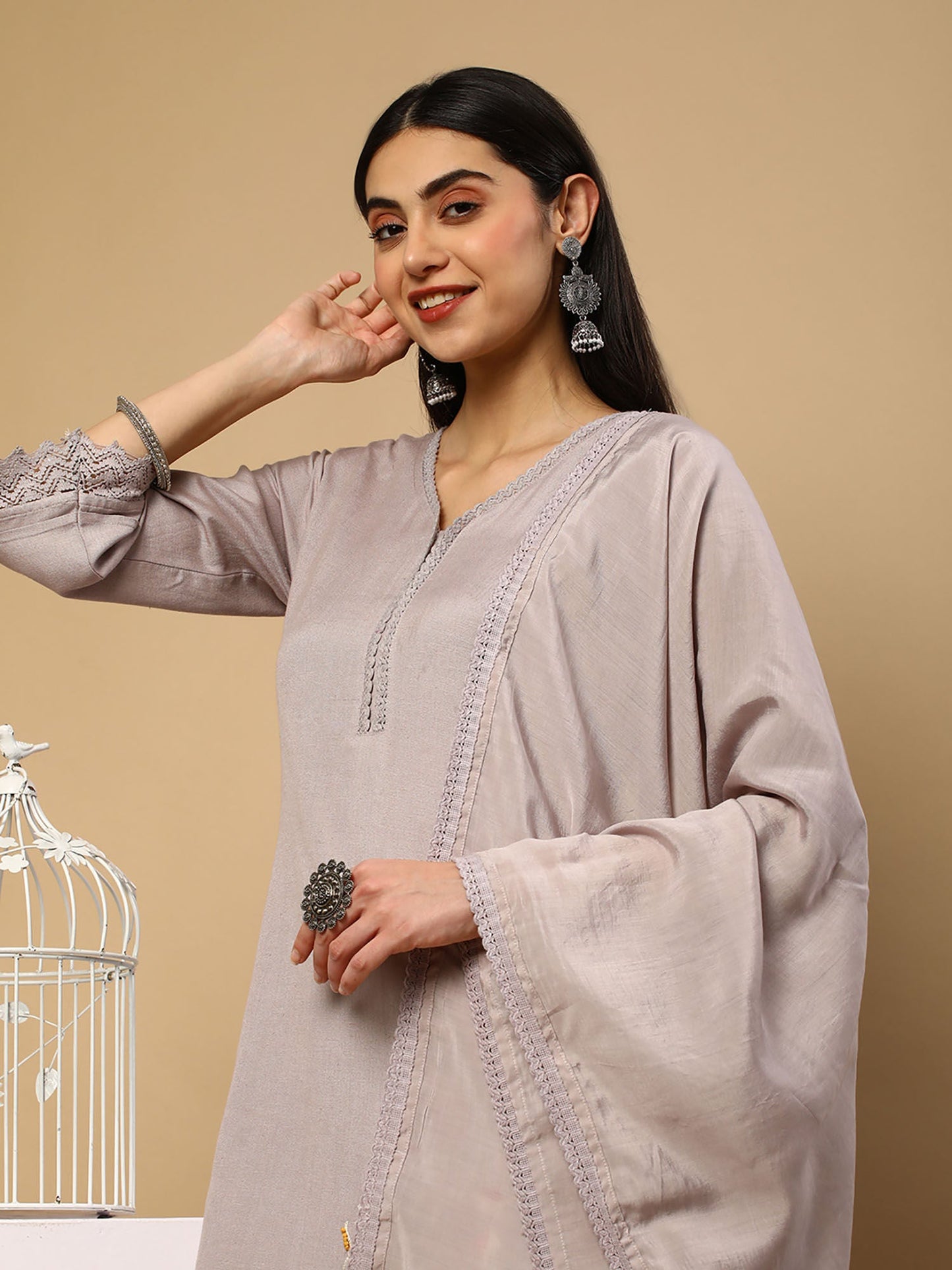 Heeposh Taupe Embroidered Rayon Kurta with Lace Work Detailing (Set of 3)