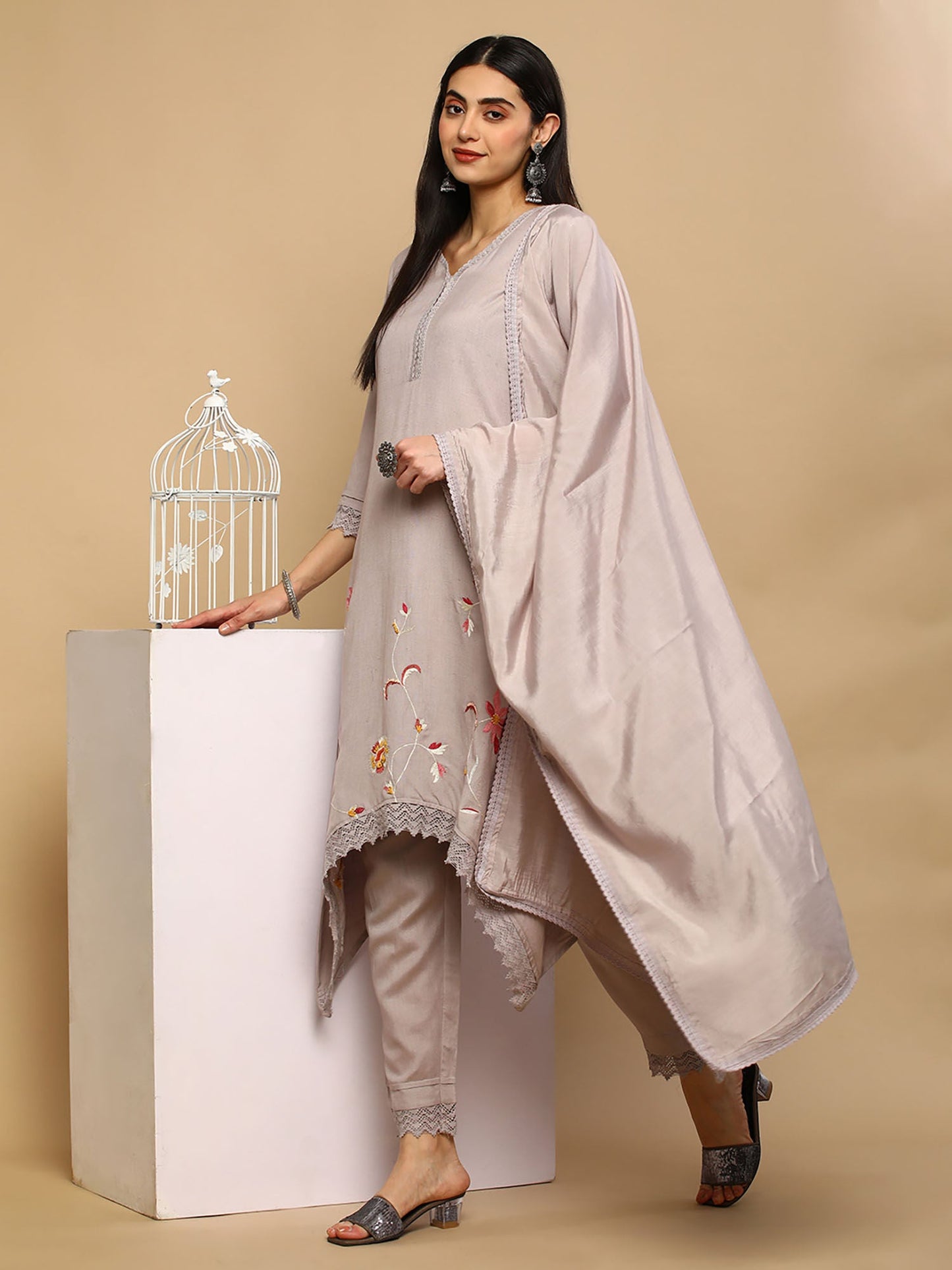 Heeposh Taupe Embroidered Rayon Kurta with Lace Work Detailing (Set of 3)
