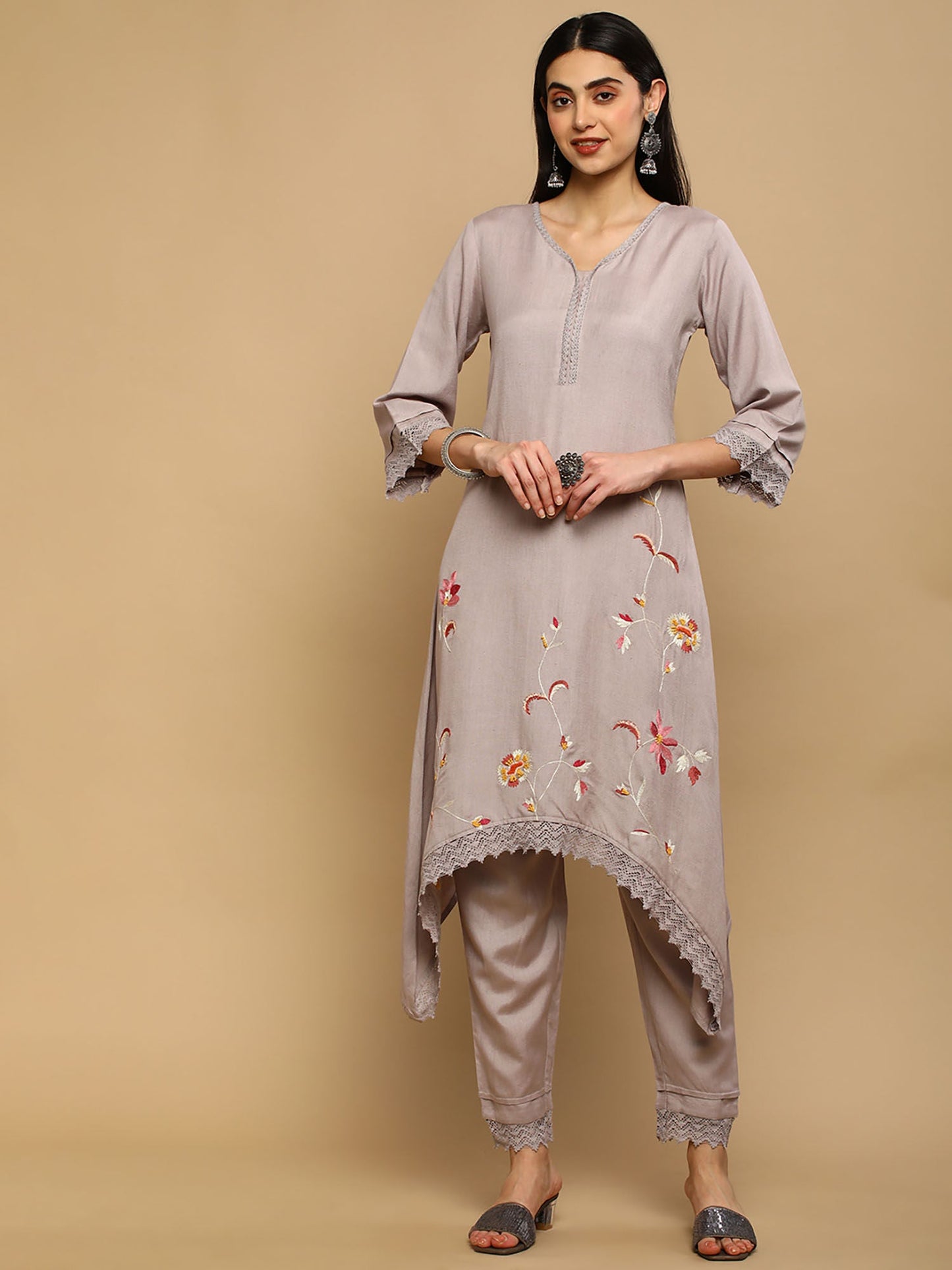 Heeposh Taupe Embroidered Rayon Kurta with Lace Work Detailing (Set of 3)