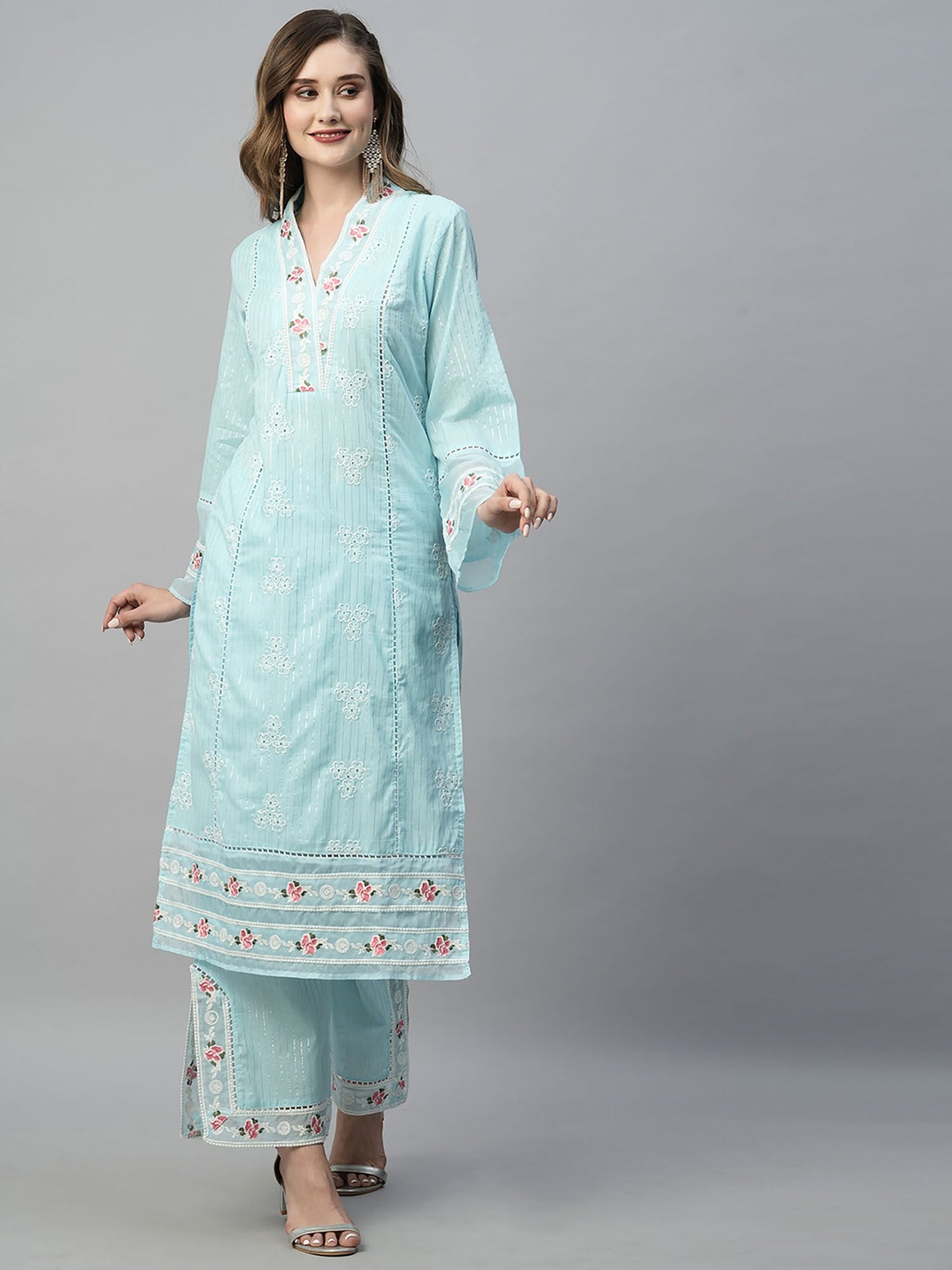 Heeposh Blue Pure Cotton Schiffli Kurta with Organza Embroidered Dupatta (Set of 3)