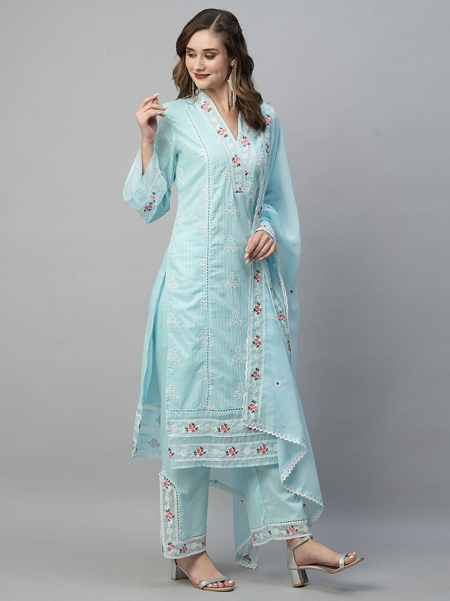 Heeposh Blue Pure Cotton Schiffli Kurta with Organza Embroidered Dupatta (Set of 3)